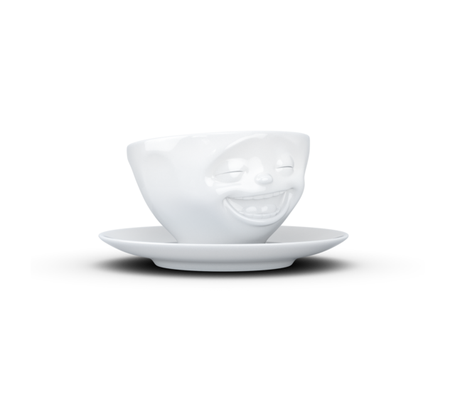 Kaffee-Tasse & Unterteller "Lachend", Hartporzellan, weiß Kaffee-Tasse & Unterteller "Lachend", Hartporzellan, weiß