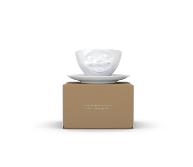 Kaffee-Tasse & Unterteller "Lachend", Hartporzellan, weiß Kaffee-Tasse & Unterteller "Lachend", Hartporzellan, weiß