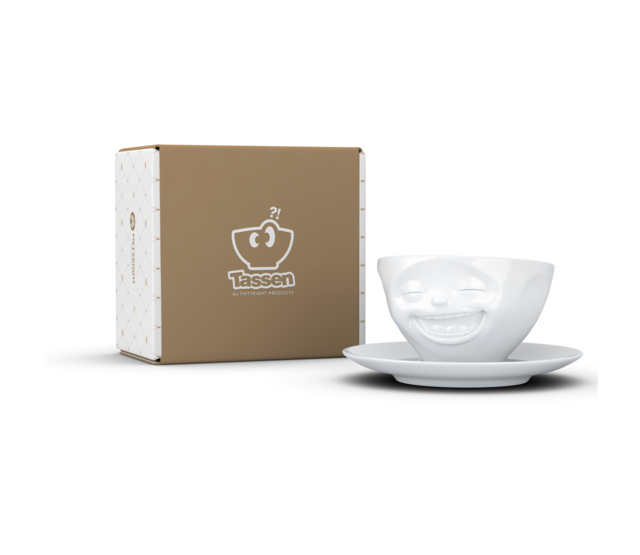 Kaffee-Tasse & Unterteller "Lachend", Hartporzellan, weiß Kaffee-Tasse & Unterteller "Lachend", Hartporzellan, weiß