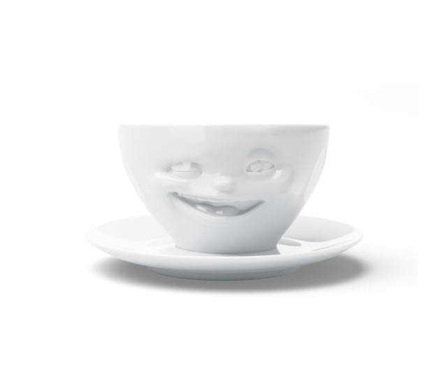 Kaffee-Tasse & Unterteller "Zwinkernd", Hartporzellan, weiß Kaffee-Tasse & Unterteller "Zwinkernd", Hartporzellan, weiß