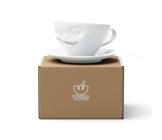 Kaffee-Tasse & Unterteller "Zwinkernd", Hartporzellan, weiß Kaffee-Tasse & Unterteller "Zwinkernd", Hartporzellan, weiß