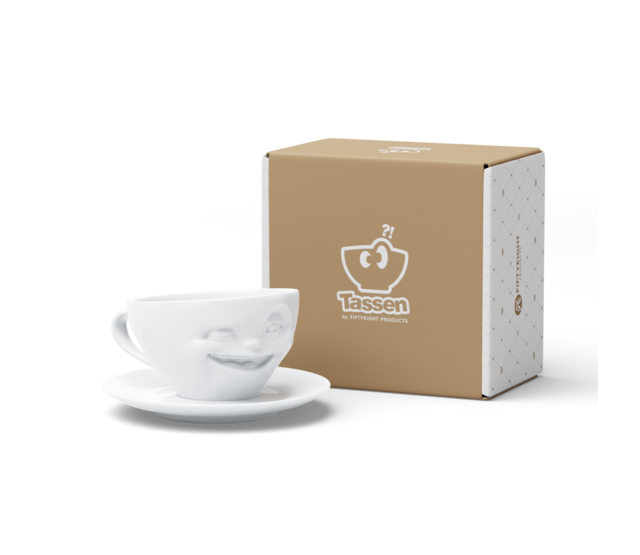 Kaffee-Tasse & Unterteller "Zwinkernd", Hartporzellan, weiß Kaffee-Tasse & Unterteller "Zwinkernd", Hartporzellan, weiß