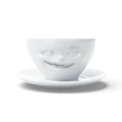 Kaffee-Tasse & Unterteller "Zwinkernd", Hartporzellan, weiß Kaffee-Tasse & Unterteller "Zwinkernd", Hartporzellan, weiß