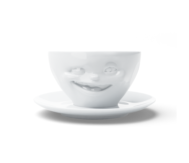 Kaffee-Tasse & Unterteller "Zwinkernd", Hartporzellan, weiß Kaffee-Tasse & Unterteller "Zwinkernd", Hartporzellan, weiß