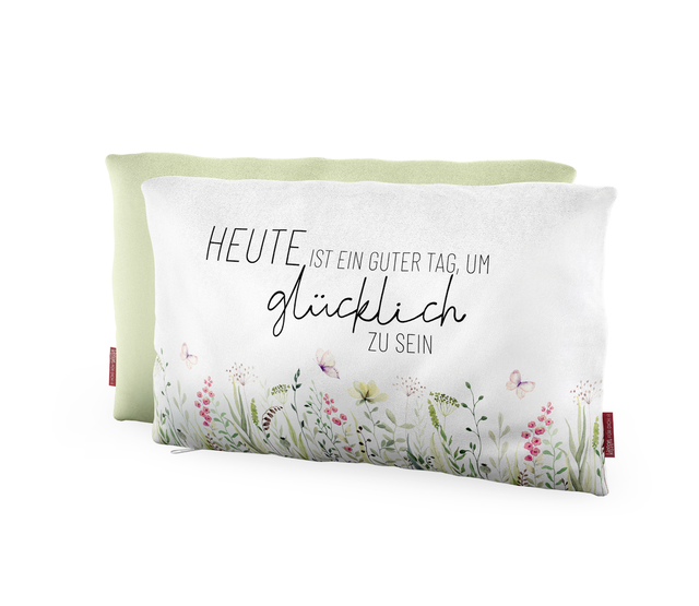 Baumwoll-Kuschel-Kissen, Wiese, Heute ist ein guter Tag um glücklich zu sein Baumwoll-Kuschel-Kissen, Wiese, Heute ist ein guter Tag um glücklich zu sein