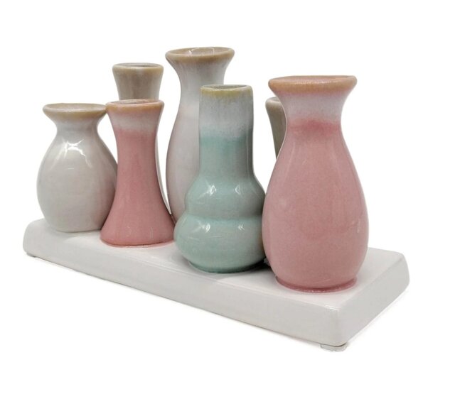 7 Väschen auf Tablett aus Keramik, multicolor