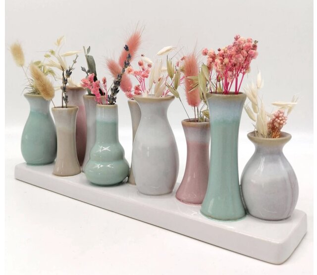 10 Väschen auf Tablett aus Keramik, multicolor 10 Väschen auf Tablett aus Keramik, multicolor