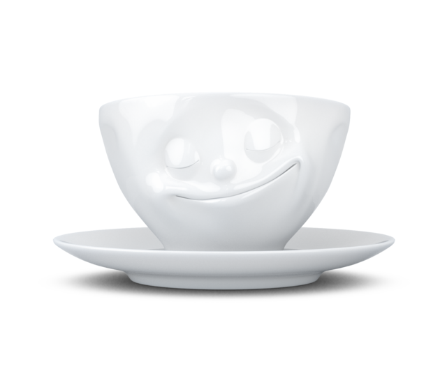 Kaffee-Tasse & Unterteller "Glücklich" Hartporzellan, weiß Kaffee-Tasse & Unterteller "Glücklich" Hartporzellan, weiß