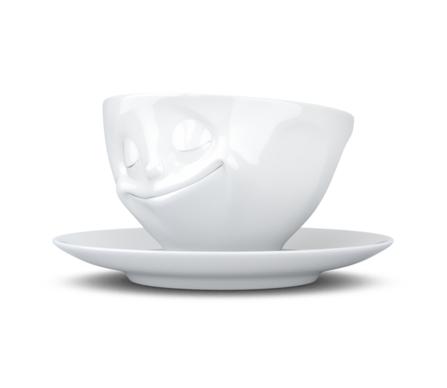 Kaffee-Tasse & Unterteller "Glücklich" Hartporzellan, weiß Kaffee-Tasse & Unterteller "Glücklich" Hartporzellan, weiß