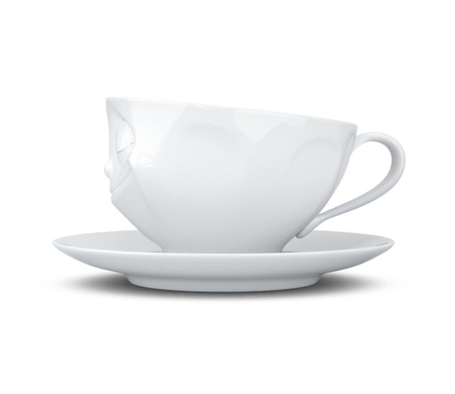 Kaffee-Tasse & Unterteller "Glücklich" Hartporzellan, weiß Kaffee-Tasse & Unterteller "Glücklich" Hartporzellan, weiß