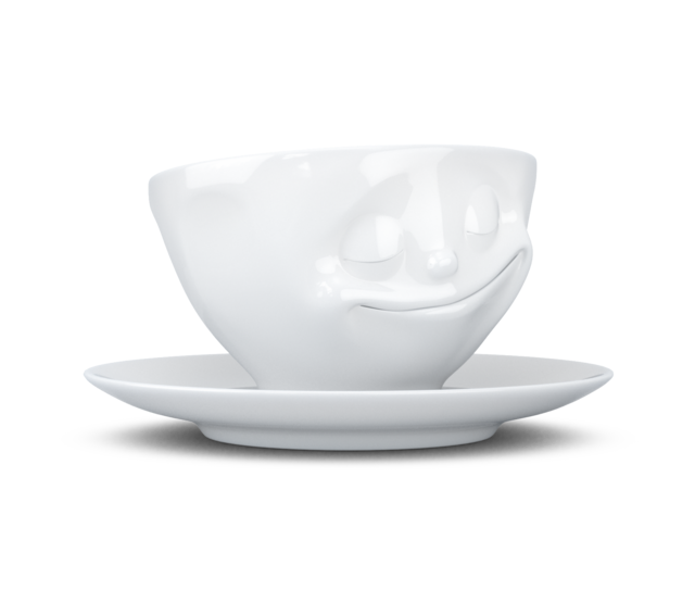 Kaffee-Tasse & Unterteller "Glücklich" Hartporzellan, weiß Kaffee-Tasse & Unterteller "Glücklich" Hartporzellan, weiß