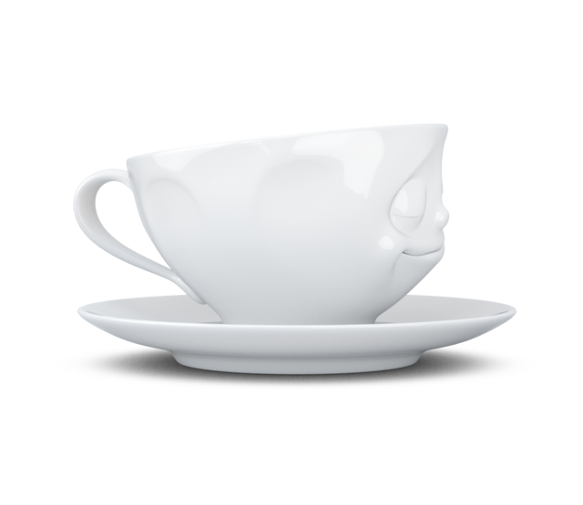 Kaffee-Tasse & Unterteller "Glücklich" Hartporzellan, weiß Kaffee-Tasse & Unterteller "Glücklich" Hartporzellan, weiß
