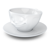 Kaffee-Tasse & Unterteller "Glücklich" Hartporzellan, weiß Kaffee-Tasse & Unterteller "Glücklich" Hartporzellan, weiß
