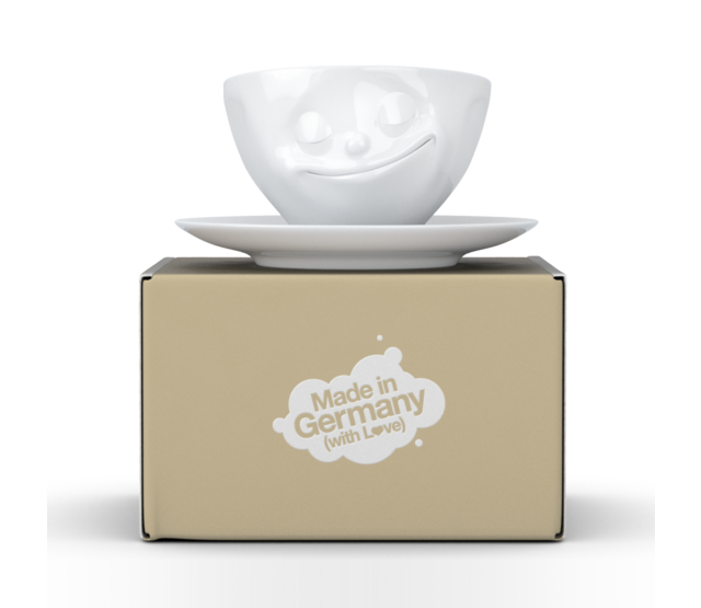 Kaffee-Tasse & Unterteller "Glücklich" Hartporzellan, weiß Kaffee-Tasse & Unterteller "Glücklich" Hartporzellan, weiß