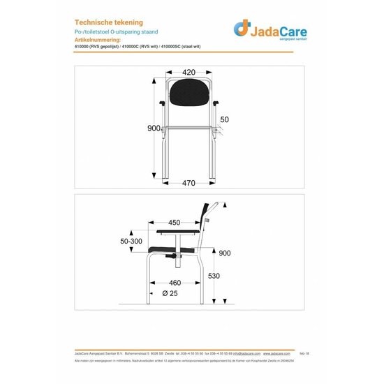 JadaCare Douche-/toiletstoel O-uitsparing staand RVS wit
