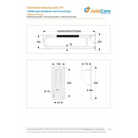 JadaCare Toiletbeugel opklapbaar 65 cm +antislip RVS gepolijst