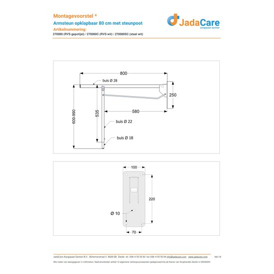 JadaCare Toiletsteun opklapbaar 80 cm met steunpoot RVS gepolijst