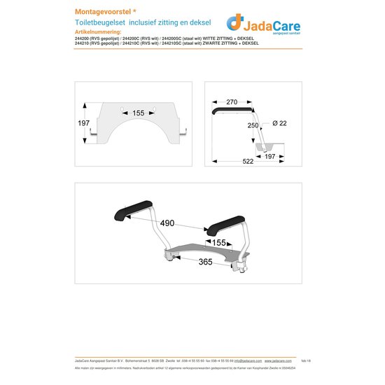 JadaCare Toiletbeugel-set  h25 cm  RVS wit softclose zwart zitting + deksel