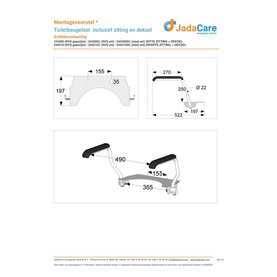 JadaCare Toiletbeugel-set  hoogte 25 cm  toiletzitting & deksel RVS wit | incl. bevestiging