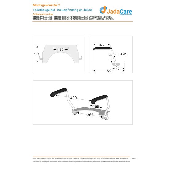 JadaCare Toiletbeugel-set  armleggers h25 cm  RVS gepolijst softclose zitting + deksel wit