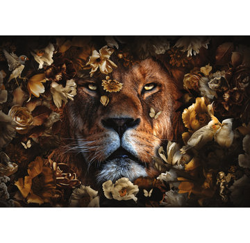 Ter Halle Glasschilderij 160x110cm Lion with birds  and flowers