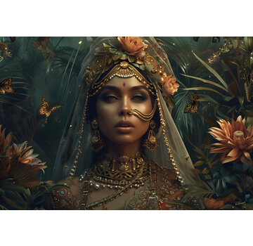 Ter Halle Glasschilderij 160x110x0.4 Dame met goud, vlinders en bloemen.