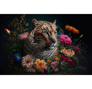 Ter Halle Glasschilderij met 3D reliëf 120x80cm Panter met bloemen