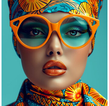 Ter Halle Glasschilderij 80x80cm Vrouw met oranje bril en blauwe glazen