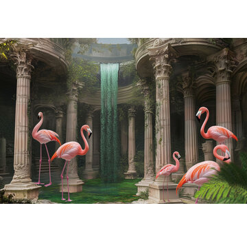 Ter Halle Glasschilderij 120x80cm Flamingo's in ruïne