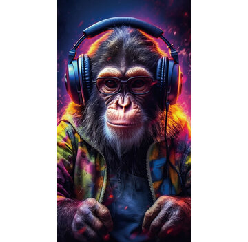 Ter Halle Glasschilderij 55x100cm Aap met blauwe koptelefoon