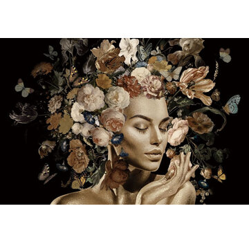 Ter Halle Glasschilderij 80x120cm Gouden vrouw met bloemen