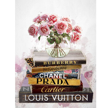 Ter Halle Glasschilderij met goudfolie 60x80cm Roze bloemen op boeken