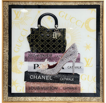 Ter Halle Glasschilderij met kristallen en lijst 80x80cm Tas op boeken