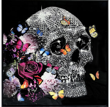 Ter Halle Glasschilderij met kristallen en lijst 80x80cm Doodskop met bloemen