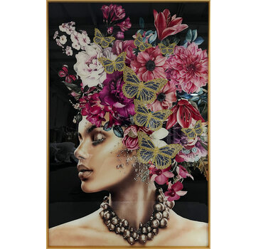 Ter Halle Glasschilderij met kristallen en lijst 80x120cm Vrouw met bloemen