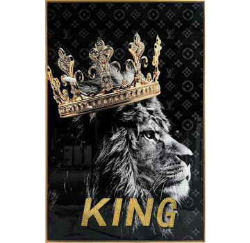 Ter Halle Glasschilderij met kristallen en lijst 80x120cm Leeuw met kroon