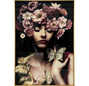 Ter Halle Glasschilderij met kristallen en lijst 80x120cm Vrouw met vlinderkrans