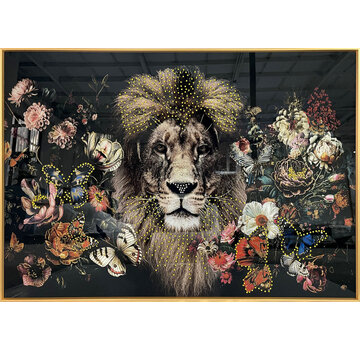 Ter Halle Glasschilderij met kristallen en lijst 80x120cm Leeuw tussen bloemen