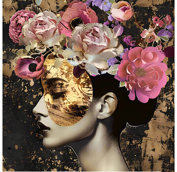 Ter Halle Glasschilderij 80x80cm Vrouw met goud en bloemen