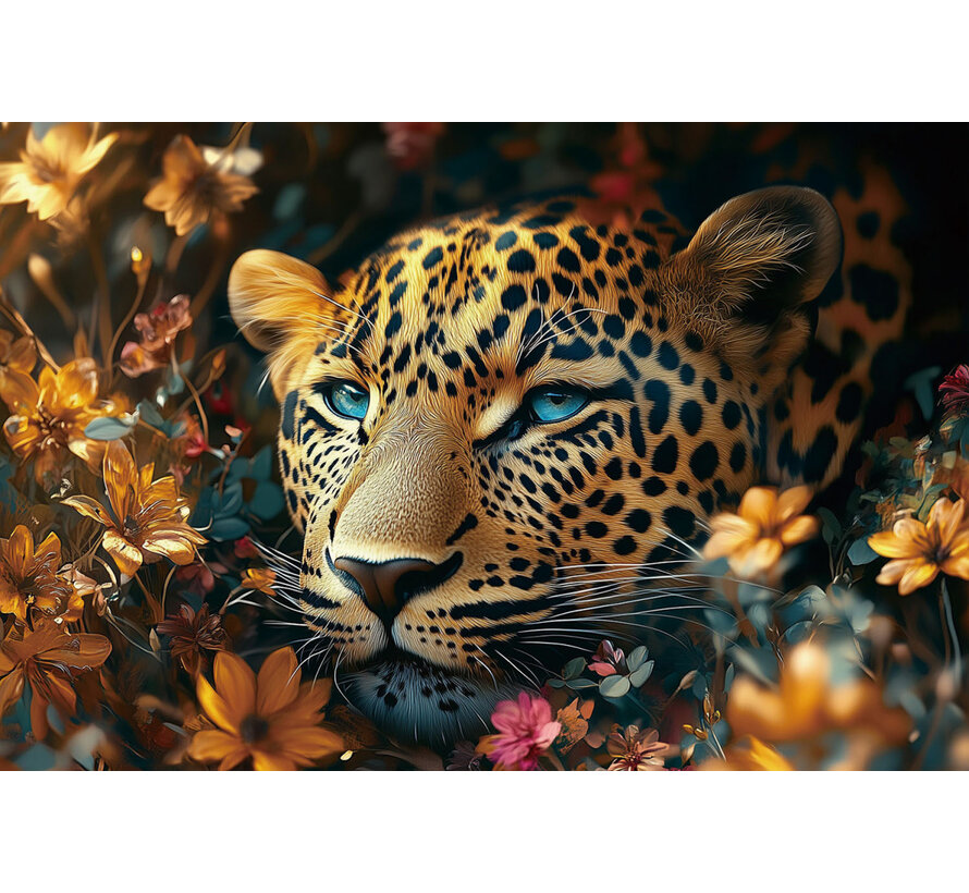 Glasschilderij 80x120cm Panter tussen de bloemen