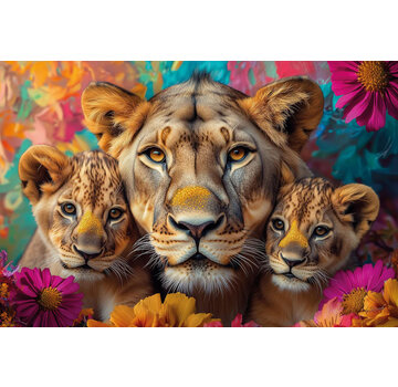 Ter Halle Glasschilderij 120x80cm Leeuwen tussen de bloemen
