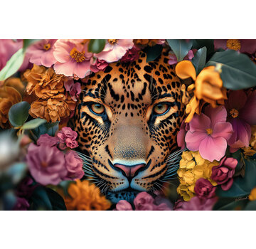 Ter Halle Glasschilderij 120x80cm Panter in bloemenzee
