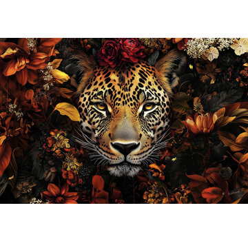 Ter Halle Glasschilderij 120x80cm Panter in bloemenzee