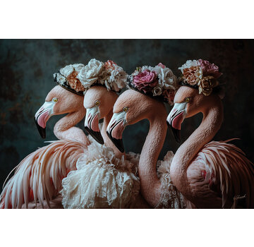 Ter Halle Glasschilderij 120x80cm Flamingos met bloemenhoedjes