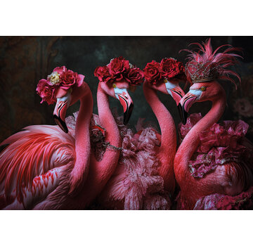 Ter Halle Glasschilderij 160x110cm Flamingos met bloemenkroon