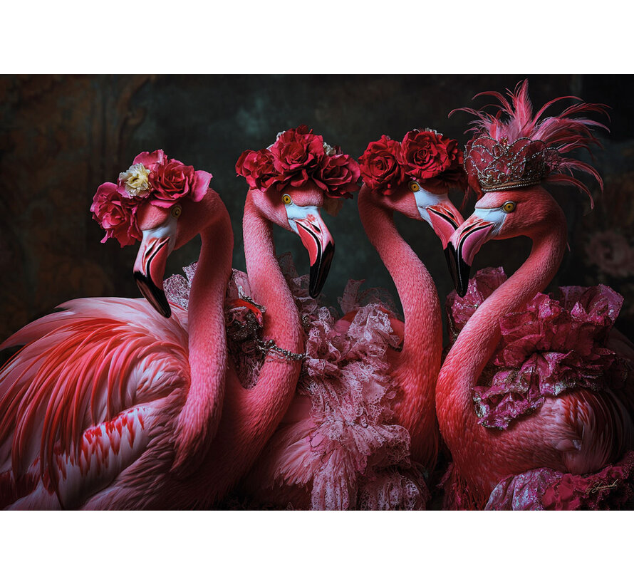 Glasschilderij 160x110cm Flamingos met bloemenkroon