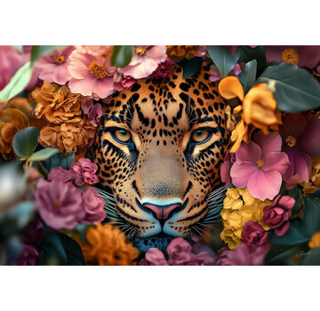 Ter Halle Glasschilderij 160x110cm Panter in bloemenzee