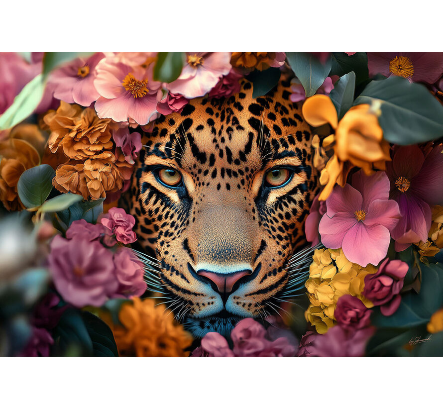 Glasschilderij 160x110cm Panter in bloemenzee