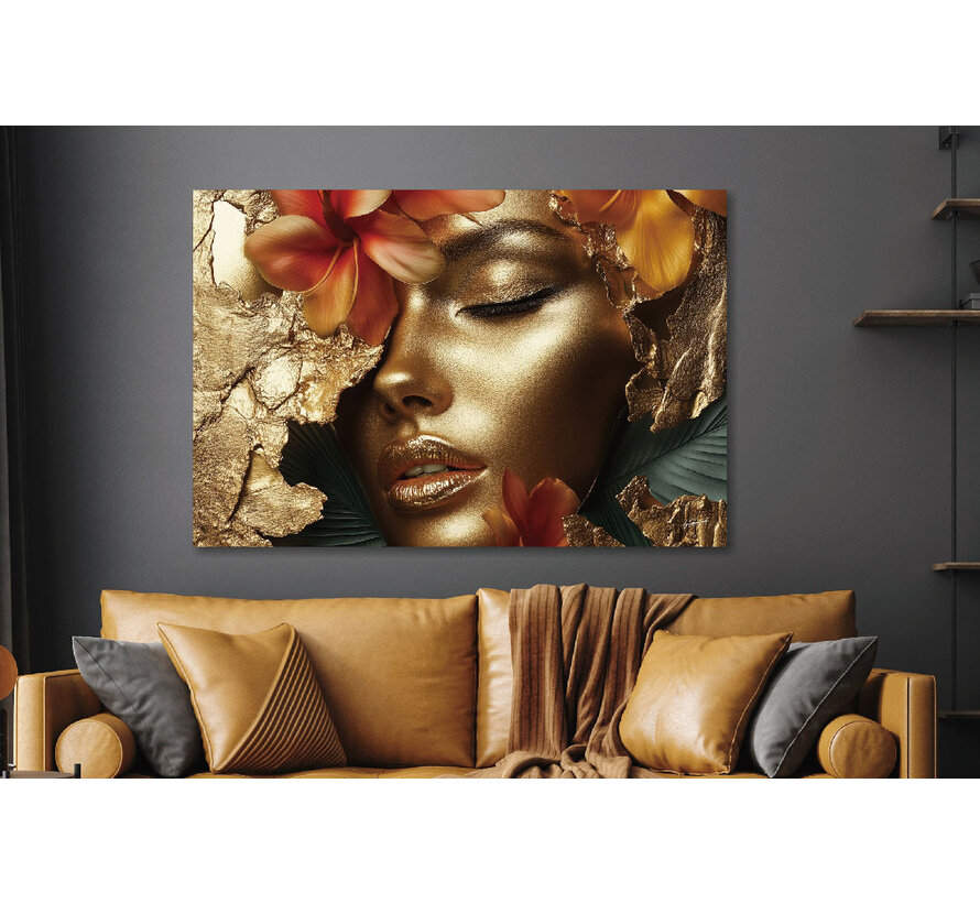 Glasschilderij 160x110cm Gouden vrouw