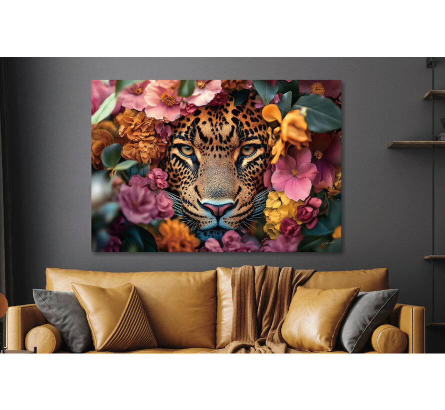 Glasschilderij 160x110cm Panter in bloemenzee